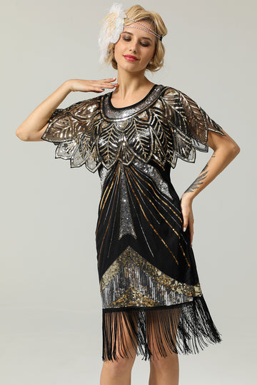 Cape à Paillettes Noires et Dorées des Années 1920